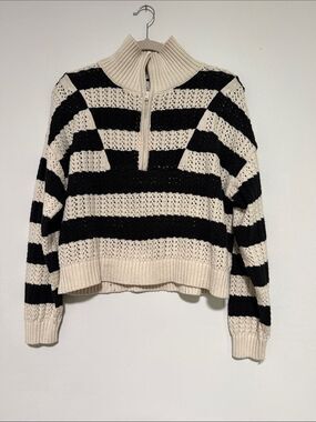 a new day Black & Cream Striped Half-Zip Cropped Crochet Sweater
